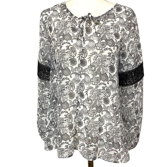 Wrangler Women's Black White Paisley Print Pullover Peasant Blouse Size Medium - Picture 1 of 6